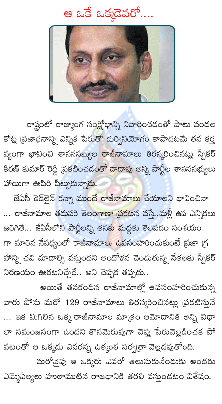 kiran kumar reddy,ap assembly,resignes,trs,tdp,congress,prp  kiran kumar reddy, ap assembly, resignes, trs, tdp, congress, prp